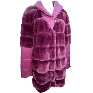 Furious Fur Faux Fur Puffer Car Coat Burgundy Wine Sz S